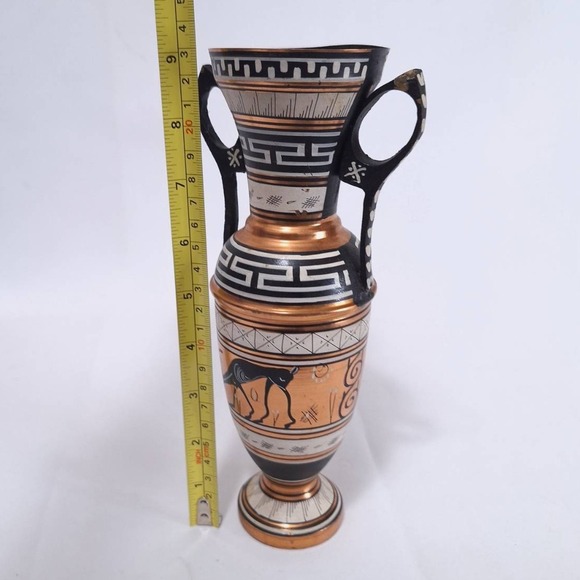 Vintage Greek Copper Vase Urn Amphora‎ Double Handle Hand Painted Deer, 9" Tall - Picture 8 of 10